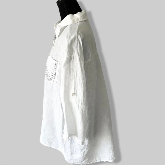 Elissia Pure Linen Studded Accent  White Button Down Shirt Blouse Made in Italy - Picture 2 of 16